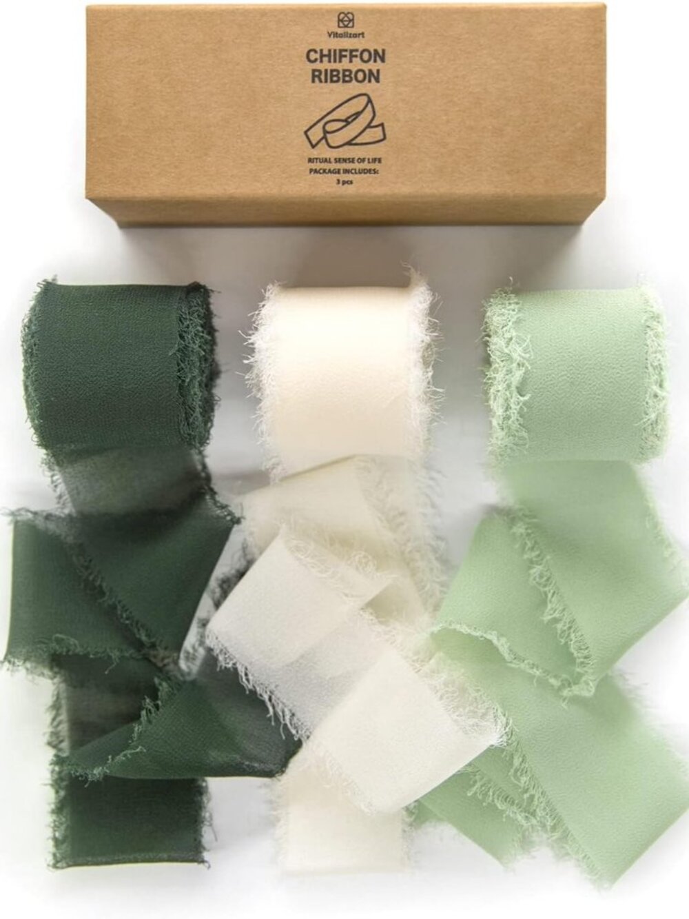 Handmade Chiffon Silk Ribbon 1.5" x 21 Yd Green & Cream Frayed